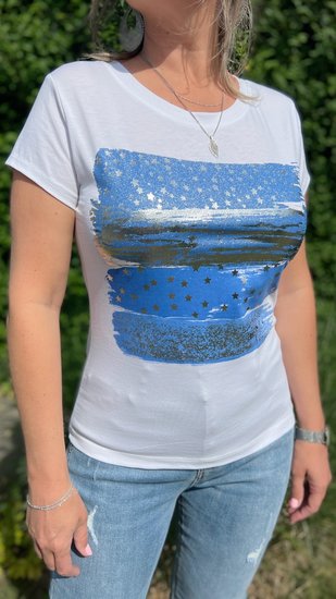 T-shirt met blauwe en zilveren band en sterretjes - Wit/Blauw