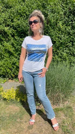 T-shirt met blauwe en zilveren band en sterretjes - Wit/Blauw