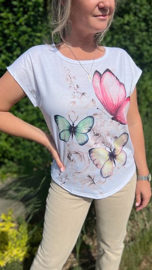 T-shirt met vlinders en bloemen - Wit/Pasteltinten