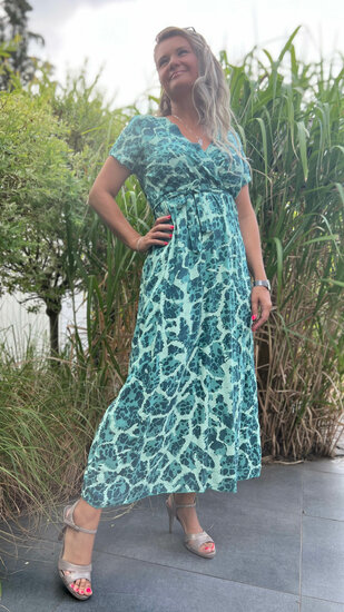 Maxi overslag jurk met striklint - Turquoise en Groen