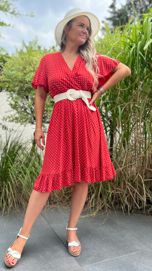 Midi Boho jurk met vlindermouwtjes - Rood en creme