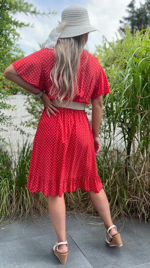Midi Boho jurk met vlindermouwtjes - Rood en creme