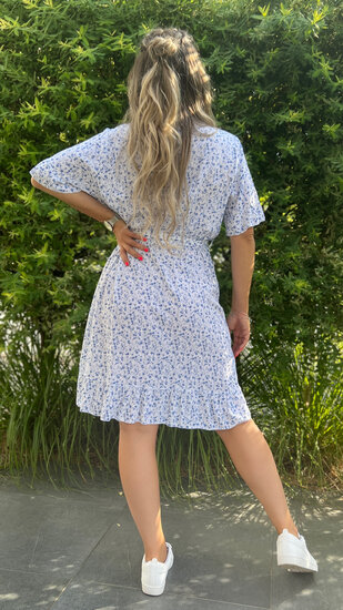 Korte Boho jurk met rushe details - Lichtblauw-Wit