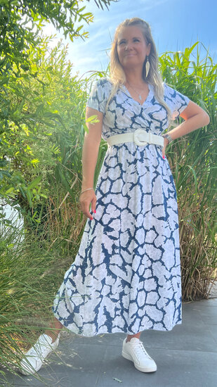 Maxi overslag jurk met striklint - Wit en Blauw