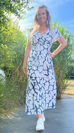 Maxi overslag jurk met striklint - Wit en Blauw