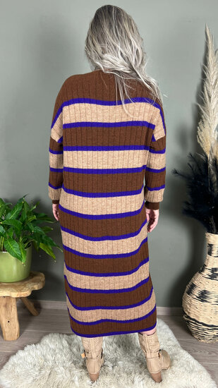 Lange gebreide trui-jurk - Bruin-Beige-Paars