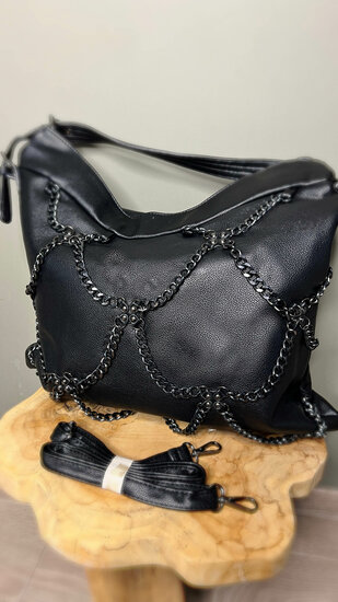 Trendy grote handtas met kettingen - Zwart